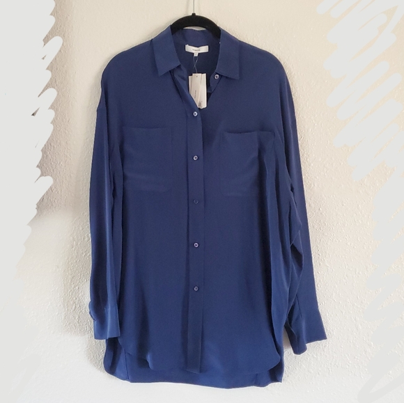 Vince Silk Oversized Buttondown Blouse Navy Small - Picture 2 of 6